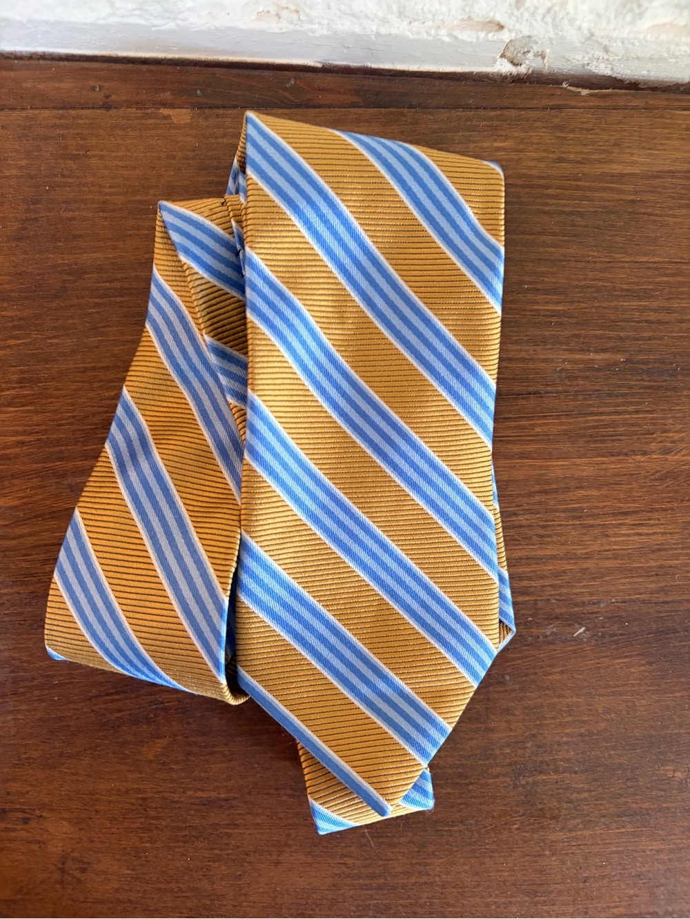 New with tags Brooks Brothers Gold and Light Blue Striped Silk Tie